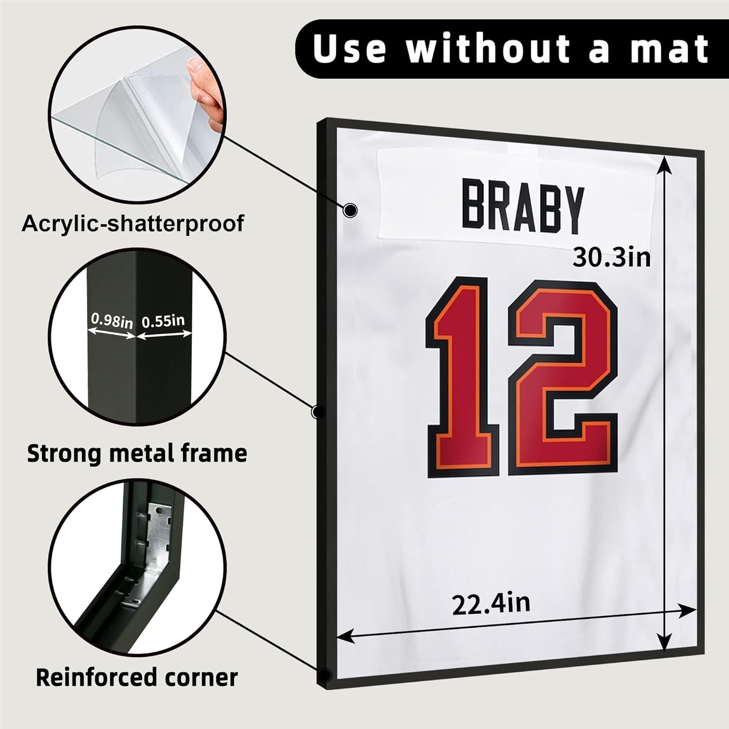 Aluminum Jersey Frame Display Case 1 Pack, Lightweight & Durable Metal Jersey Frame with Mat, Pinboard, Shatterproof Plexiglass & Hanging Kit for Football Baseball Basketball Soccer Hockey Shirt