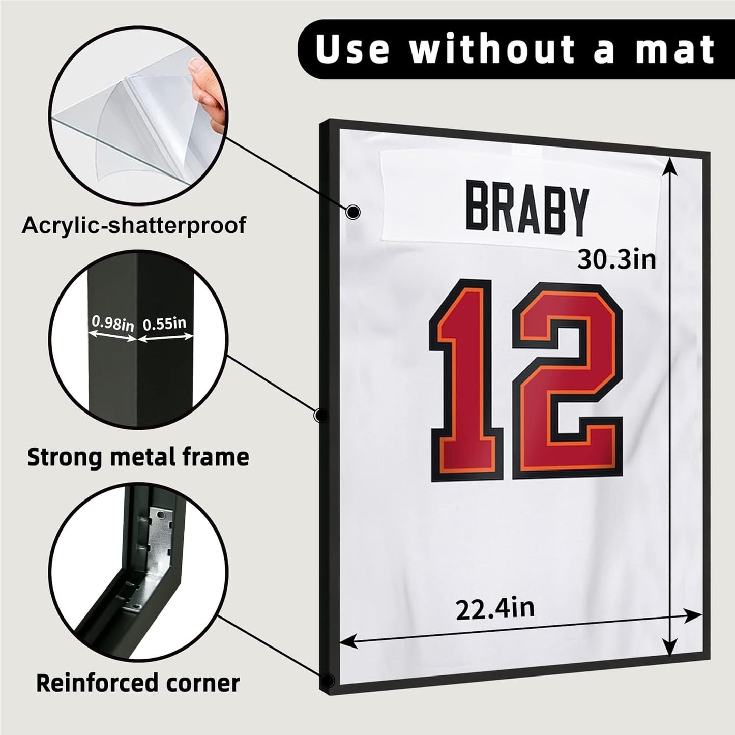 Aluminum Jersey Frame Display Case 1 Pack, Lightweight & Durable Metal Jersey Frame with Mat, Pinboard, Shatterproof Plexiglass & Hanging Kit for Football Baseball Basketball Soccer Hockey Shirt
