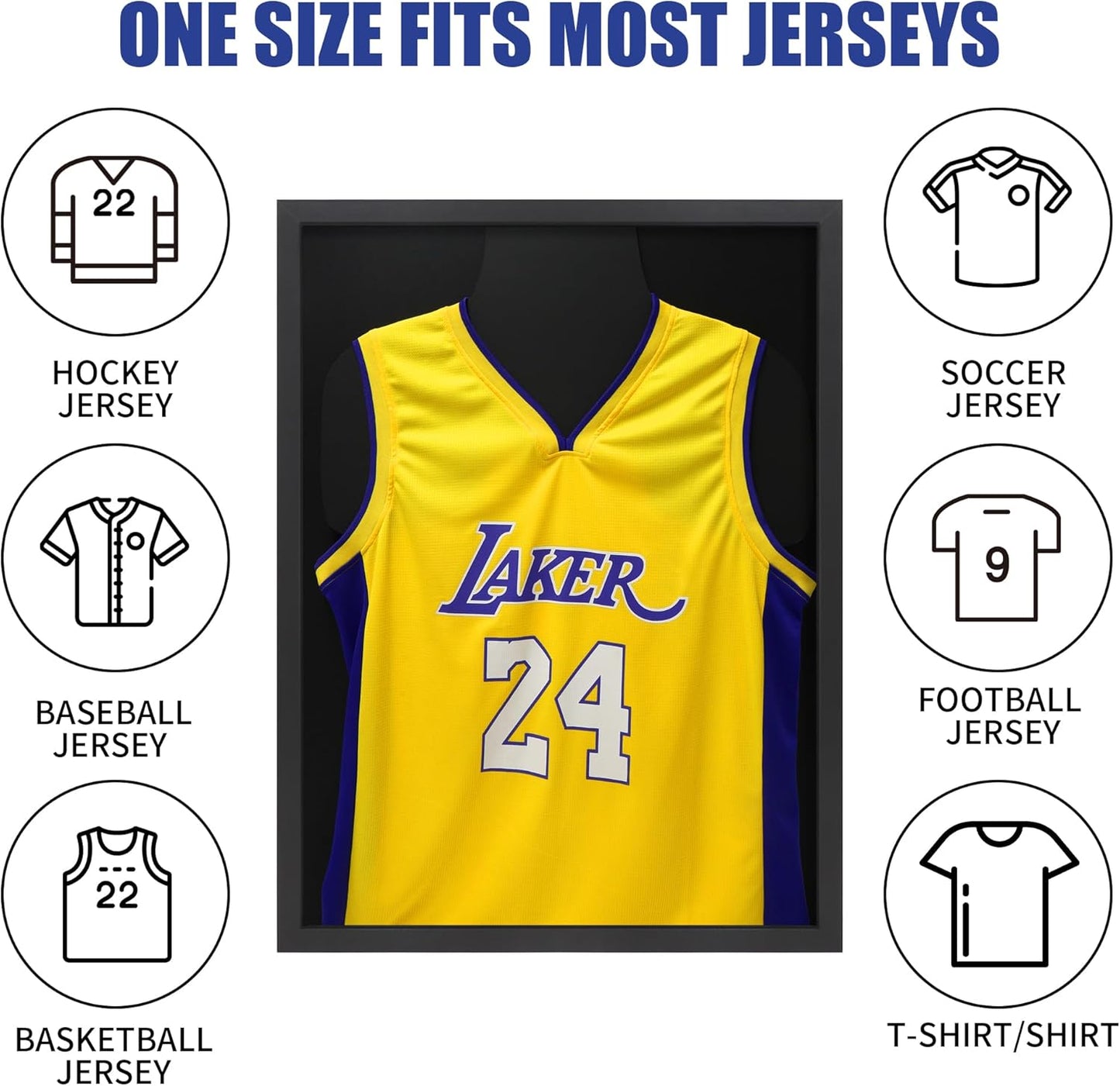 Jersey Frame Display Case, Wooden Large Sport Jersey Shadow Box Frame with Shatterproof Plexiglass & Hanging Kit for Football Baseball Basketball Soccer Hockey Shirt,Black 1 Pack