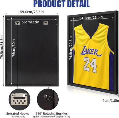 Jersey Frame Display Case, Wooden Large Sport Jersey Shadow Box Frame with Shatterproof Plexiglass & Hanging Kit for Football Baseball Basketball Soccer Hockey Shirt,Black 1 Pack